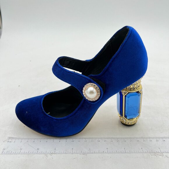 XYD Royal Blue Round Toe Mary Jane Velvet Pumps Gorgeous Rhinestone Pearl Shoes - Picture 1 of 7